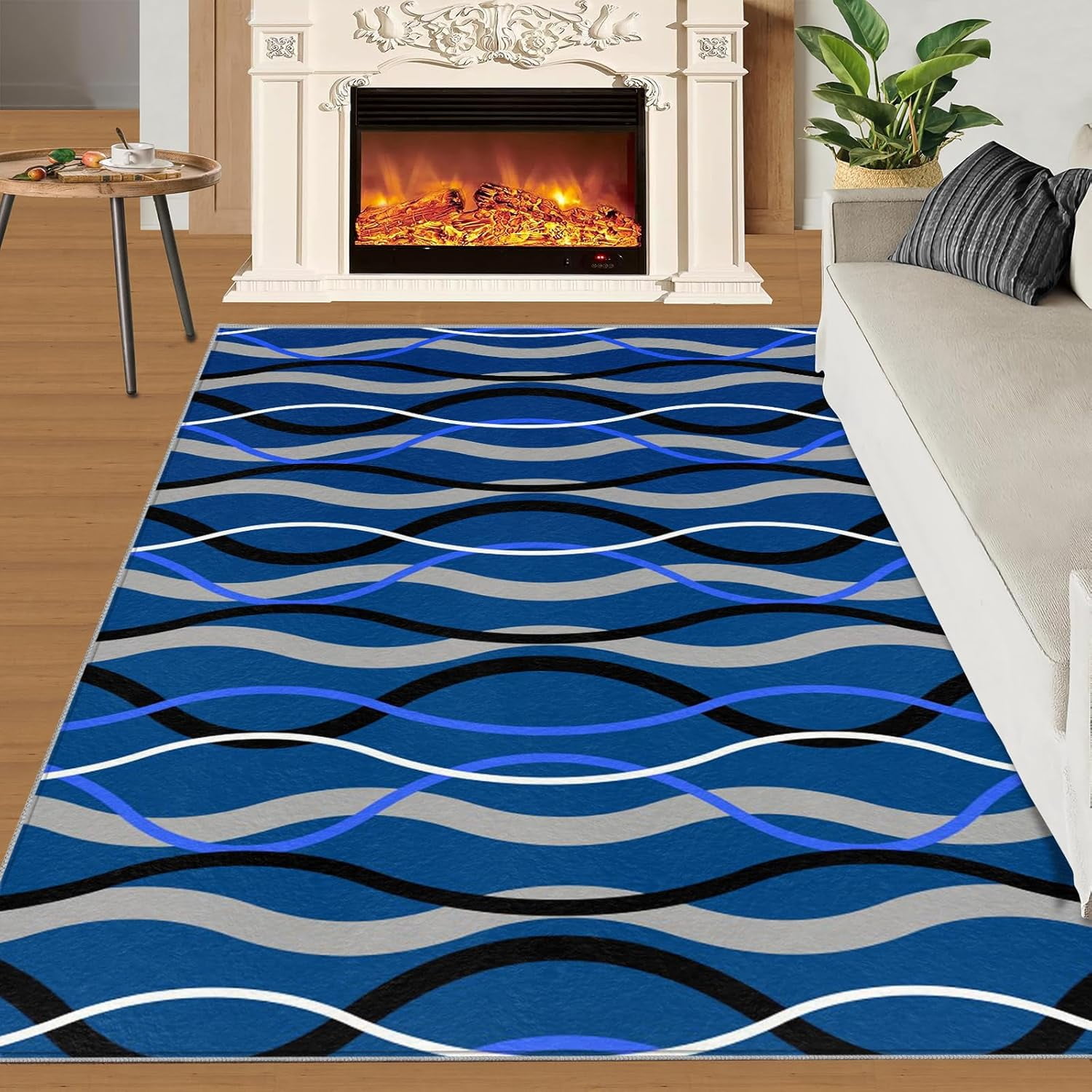 Water Waves Rug Modern Ocean Blue Living Room Rugs, Non Skid Washable ...