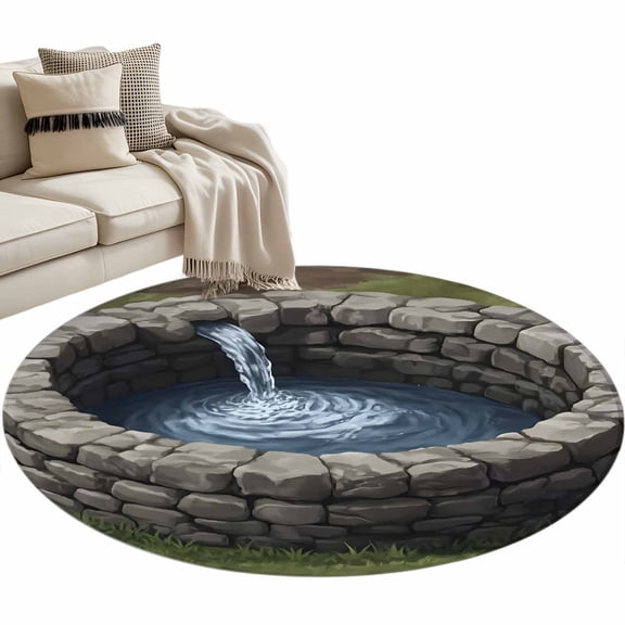 Water Well Round Rug 3ft Washable Circle Entryway Rugs Non Slip Stone Basin Spring Farmhouse Stone Craft Area Rug Indoor Floor Carpet for Bedroom Kitchen Living Room Home Office Dining Room Nursery