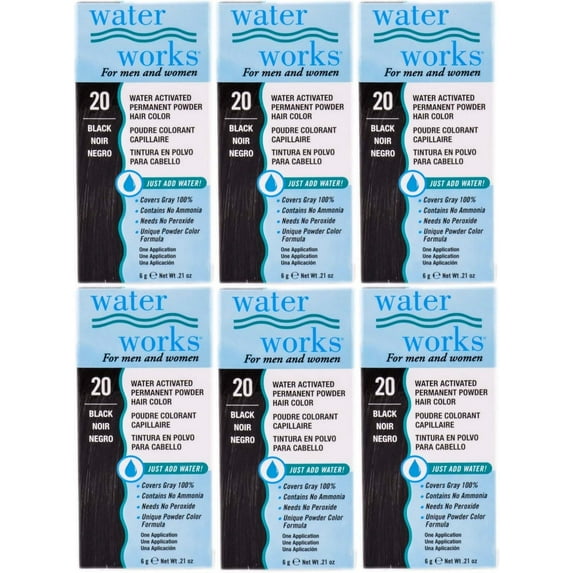 Water Works Permanent Powder Hair Color #20 Black (6 Pack)