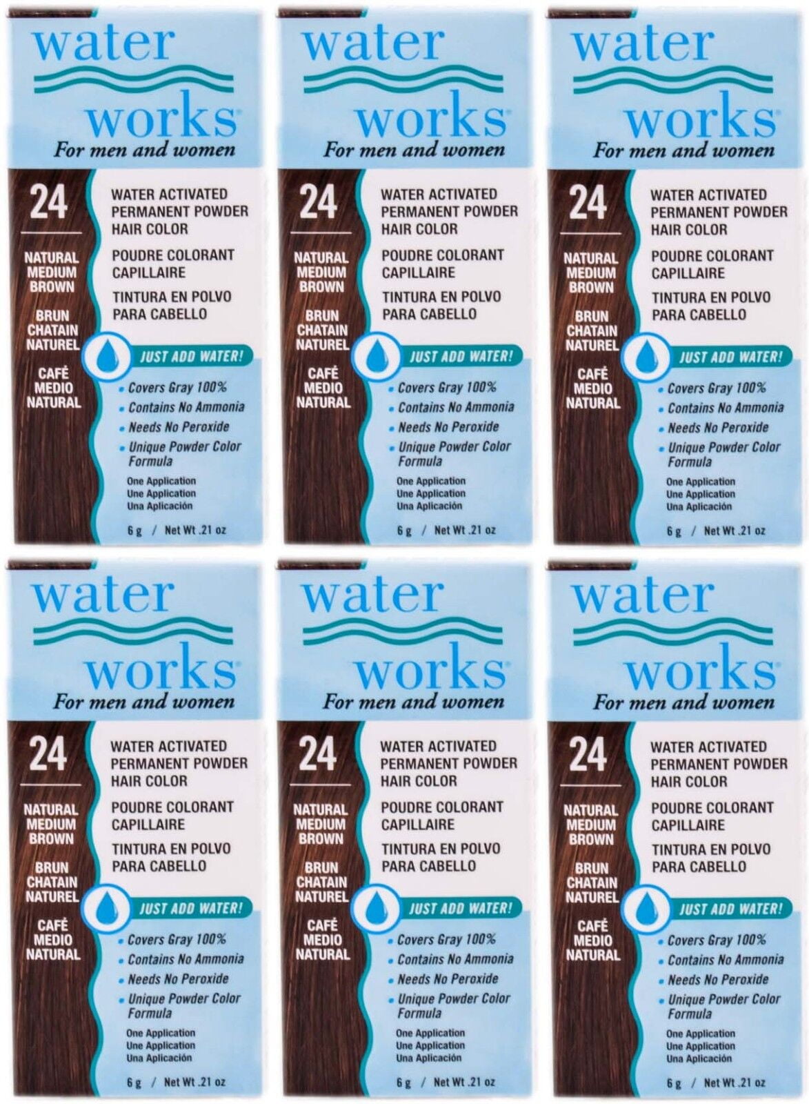 Water Works Permanent Powder Hair Color #24 Natural Medium Brown (6 Pack)