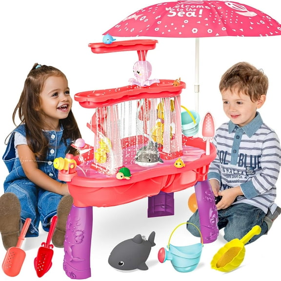Water and Sand Table with Water Pumb & Umbrella - Summer Toys 3-Tier Kids Water Play Table, Outdoor Beach Toys with Cute Accessories