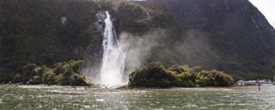 Water falling from rocks Milford Sound Fiordland National Park South Island New Zealand Canvas Art - Panoramic Images (30 x 12)