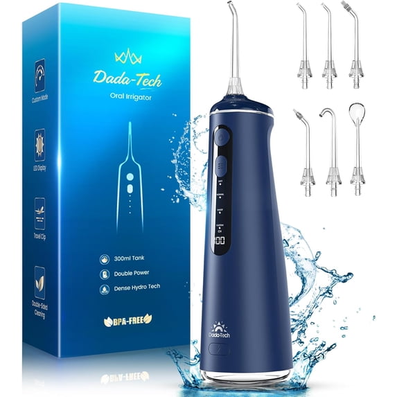 Water flosser, cordless oral irrigator portable dental cleaner, equipped with 8 modes 7 tips 300ml water tank orthodontic floss, rechargeable (blue)