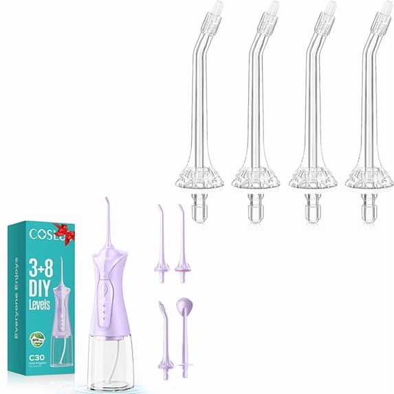 Water flosser dental floss sticks for teeth: 4 mode wireless portable dental floss cleaning, purple 30(5360)&4 orthodontic nozzle replacements for braces cleaning
