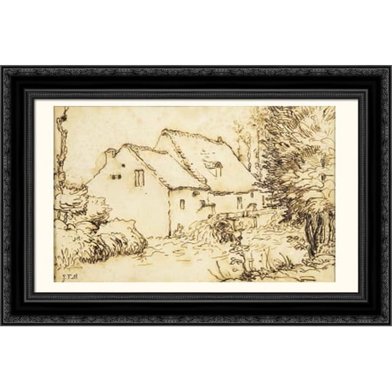 Water mill 24x18 Black Ornate Wood Framed Canvas Art by Millet, Jean Francois