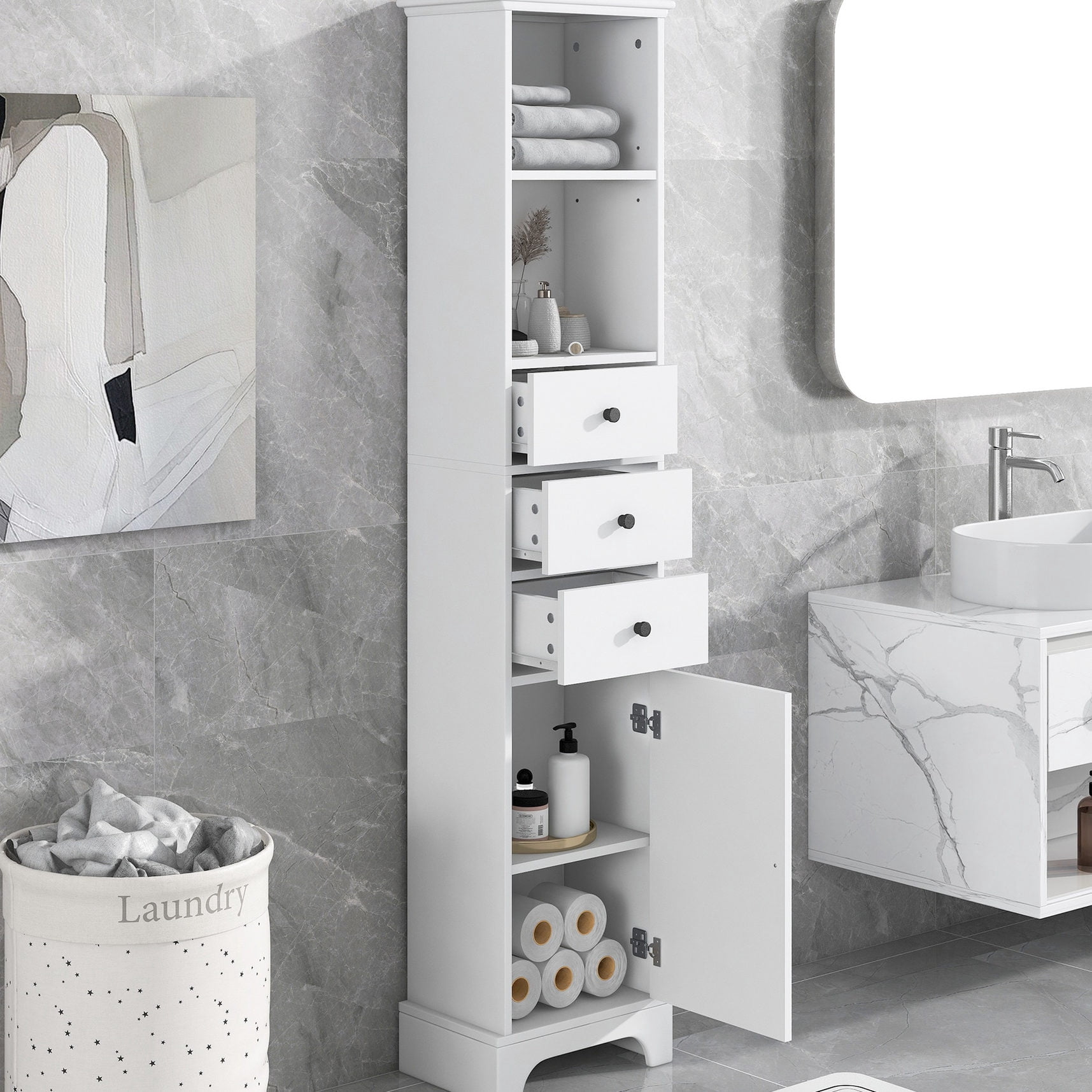 Water - proof MDF Cabinet - Bathroom or Kitchen Storage with Open and Closed Spaces
