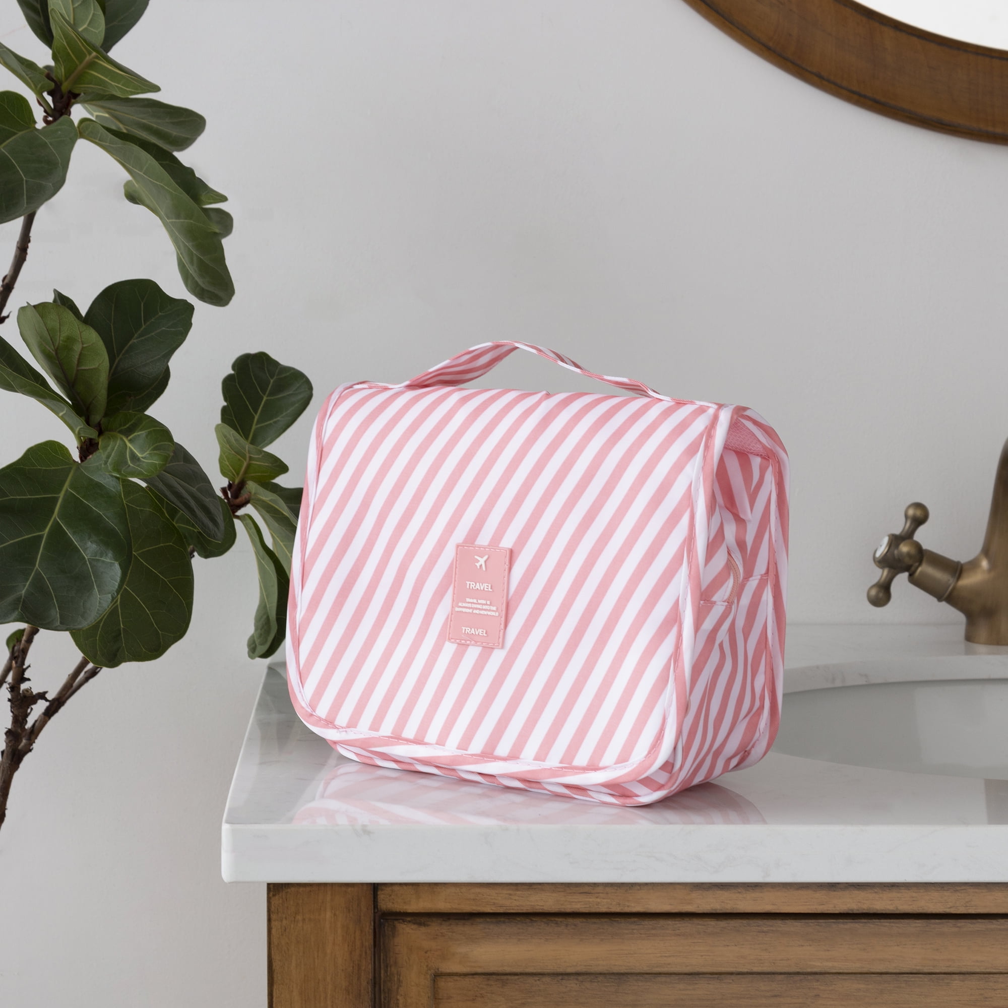 Water resistant Toiletry Bag with Hanging Hook Portable Travel Makeup Pouch Cosmetic Organizer for Women and Men Striped Pink Walmart