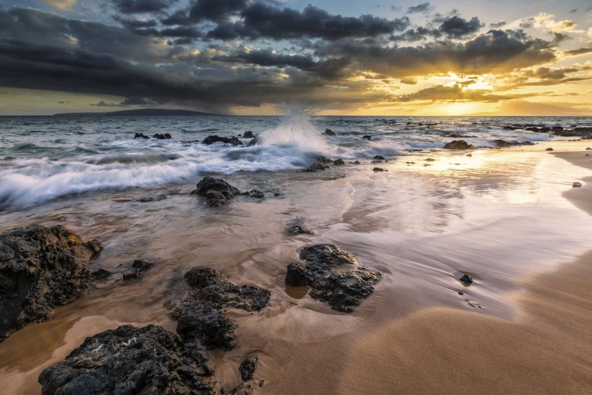 Water splashing on the beach with a golden sunset over the ocean Hawaii United States of America Canvas Art - Scott Mead Design Pics (19 x 12)