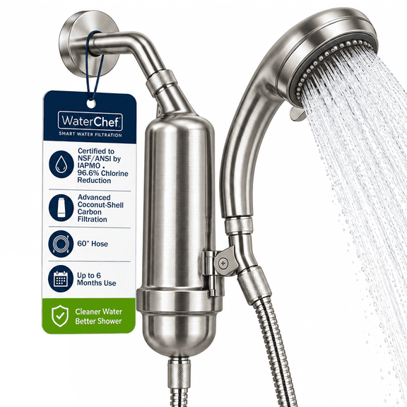 WaterChef Brushed Nickel Shower Water Filter System SF-7C, Advanced Filtration with Adjustable Wand