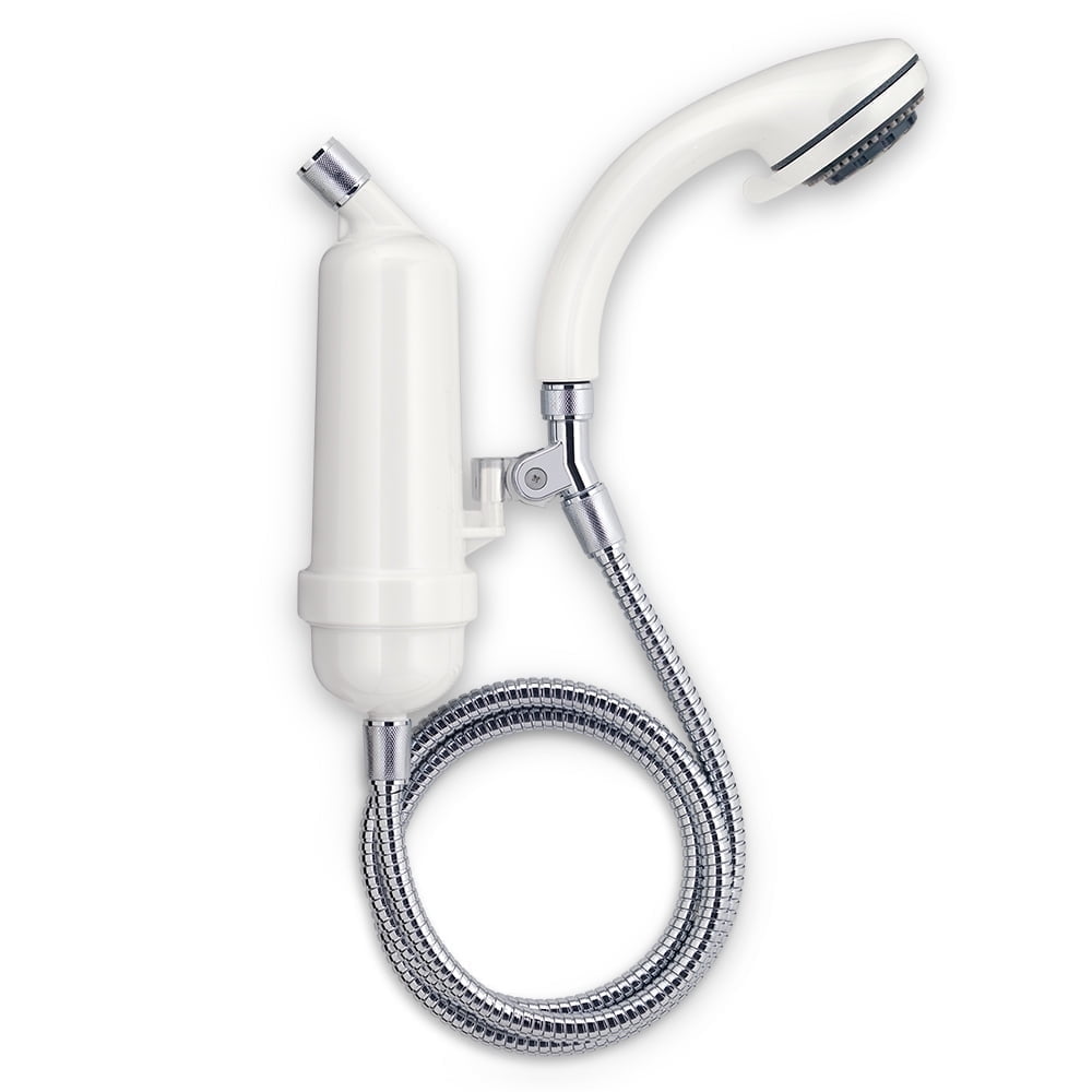 White and Chrome Handheld Shower Filter System with Brass Handle