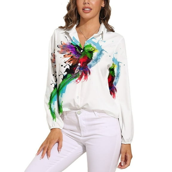 WaterColor Quetzal from Guatemala Long Sleeve Blouse Woman Streetwear Casual Shirts Summer Oversize Woman Streetwear Clothing Birthday Present
