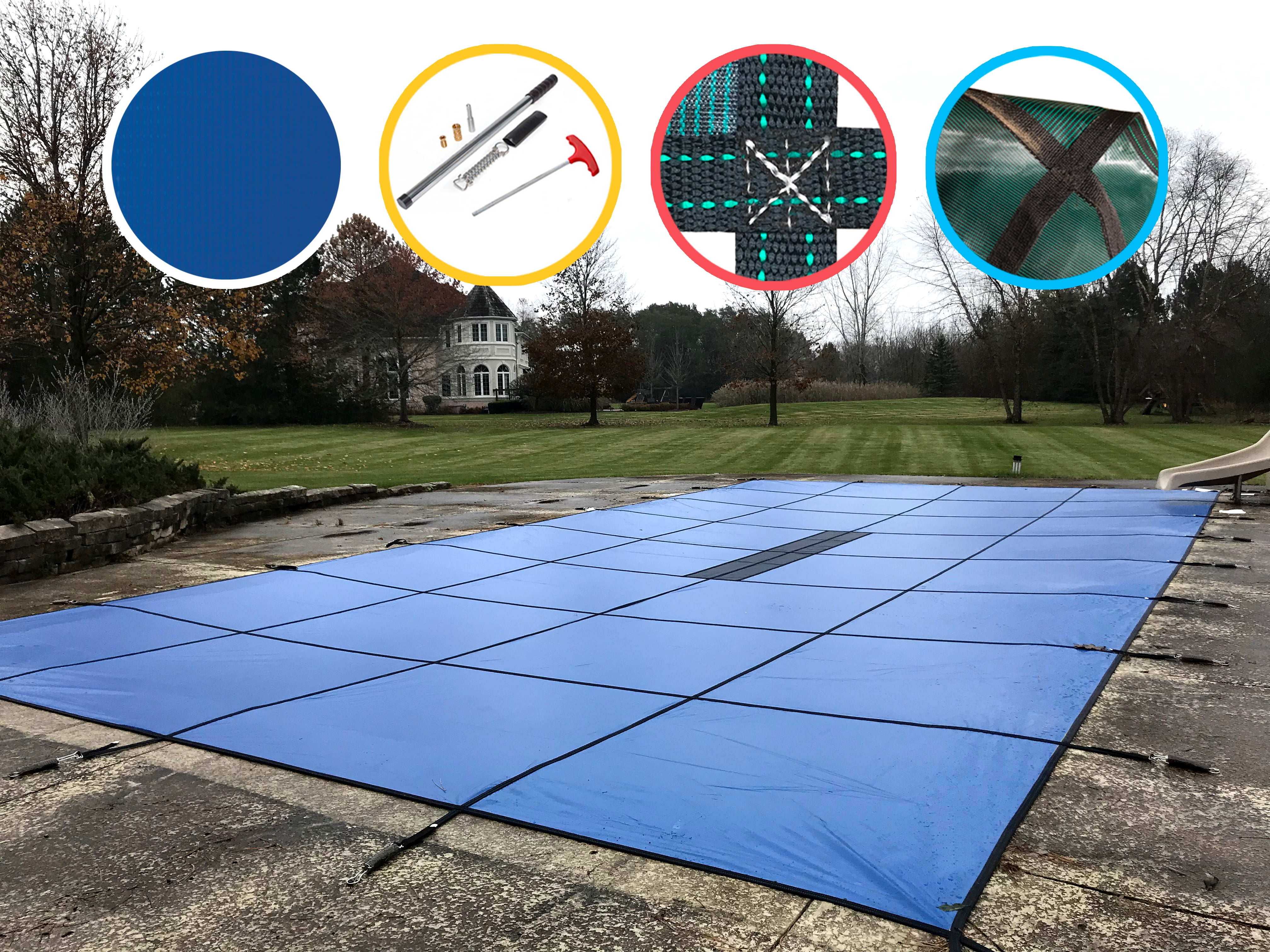 WaterWarden Safety Pool Cover for 32' x 50' in Ground Pool - Blue Solid with Center Drain Panel