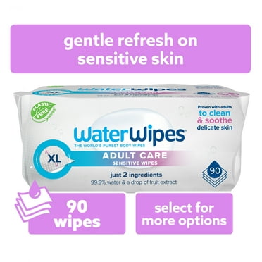 WaterWipes Adult Care, 99.9% Water Based Sensitive Wipes, 3 Resealable Packs (90 Wipes)