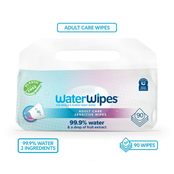 WaterWipes Adult Care Sensitive Wipes, 99.9% Water Based Wipes, 3 Resealable Packs (90 Wipes) - 3 Pack