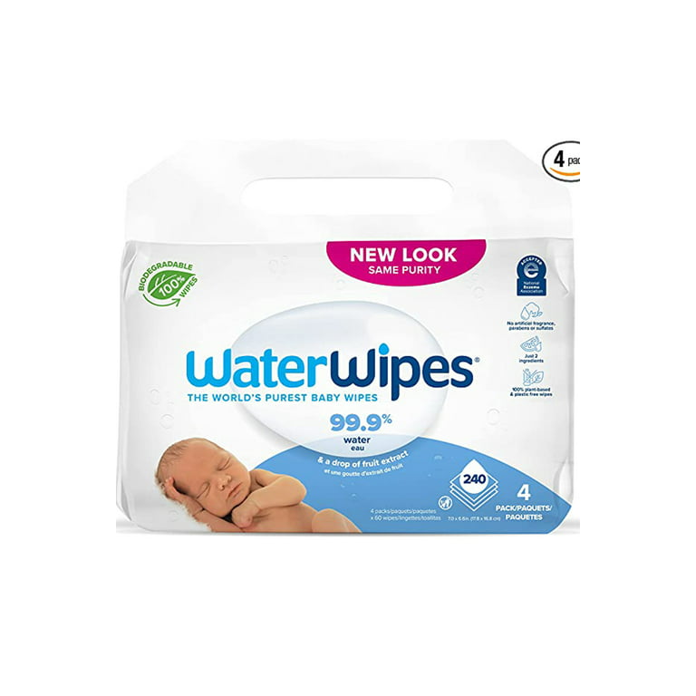 WaterWipes Plastic-Free Original-baby Wipes, 99.9% Water Based Wipes,  Unscented & Hypoallergenic for Sensitive Skin, 240 Count (4 packs),  Packaging