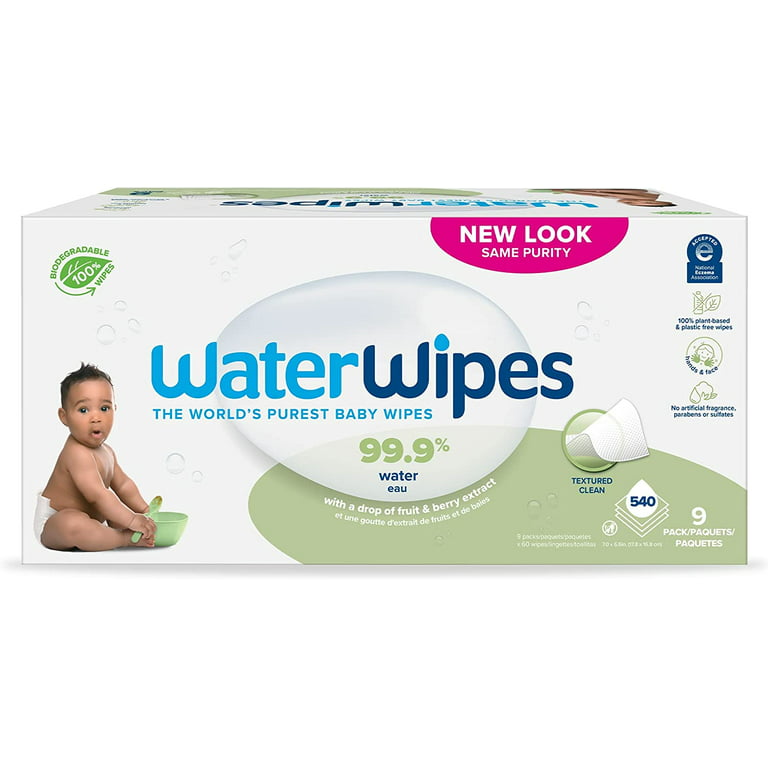 WaterWipes Baby Wipes Plastic-Free 99.9% Water Textured Unscented 540 Wipes