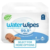 WaterWipes Original 99.9% Water Based Baby Wipes, Plastic-Free, Fragrance-Free, Unscented & Hypoallergenic for Sensitive Skin, 4 Resealable Packs (240 Total Wipes)