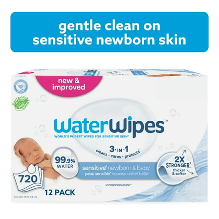 WaterWipes Sensitive Newborn & Baby Wipes, 3-In-1 Cleans, Cares, Protects, 99.9% Water, Unscented & Hypoallergenic, 12 Packs (720 Wipes)