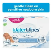 WaterWipes Sensitive Newborn & Baby Wipes, 3-In-1 Cleans, Cares, Protects, 99.9% Water, Unscented & Hypoallergenic, 12 Packs (720 Wipes)