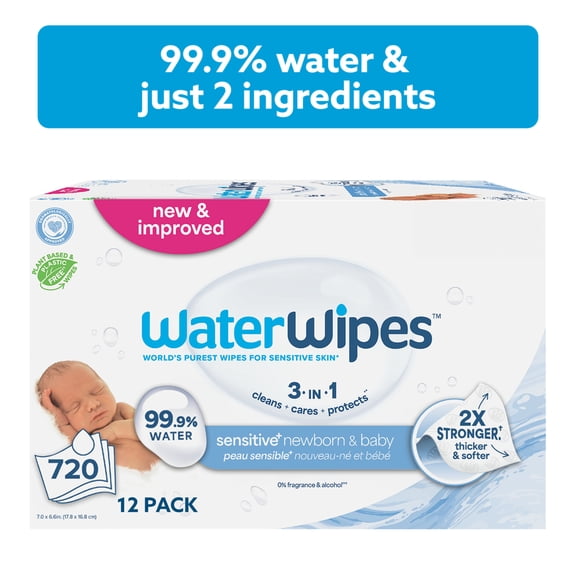 WaterWipes Sensitive Newborn & Baby Wipes, 99.9% Water, Unscented & Hypoallergenic, 720 Wipes