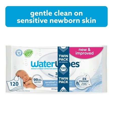 WaterWipes Sensitive Newborn & Baby Wipes, 3-In-1 Cleans, Cares, Protects, 99.9% Water, Unscented & Hypoallergenic, 2 Packs (120 Wipes)