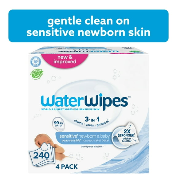 WaterWipes Sensitive Newborn & Baby Wipes, 3-In-1 Cleans, Cares, Protects, 99.9% Water, Unscented & Hypoallergenic, 4 Packs (240 Wipes)