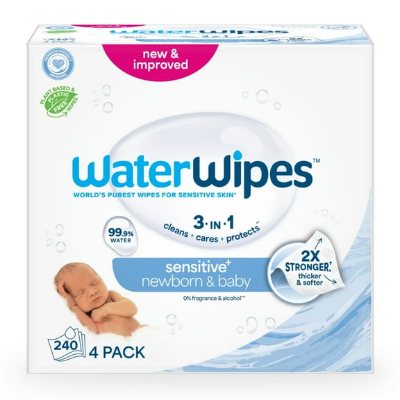 WaterWipes Sensitive Newborn & Baby Wipes, 3-In-1 Cleans, Cares, Protects, 99.9% Water, Unscented & Hypoallergenic, 4 Packs (240 Wipes)