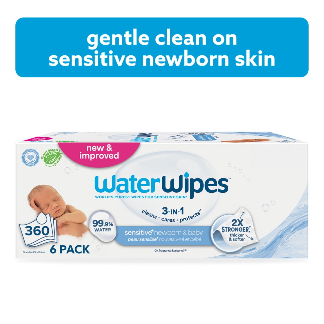 WaterWipes Sensitive Newborn & Baby Wipes, 3-In-1 Cleans, Cares, Protects, 99.9% Water, Unscented & Hypoallergenic, 6 Packs (360 Wipes)