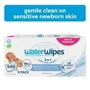 WaterWipes Sensitive Newborn & Baby Wipes, 3-In-1 Cleans, Cares, Protects, 99.9% Water, Unscented & Hypoallergenic, 9 Packs (540 Wipes)