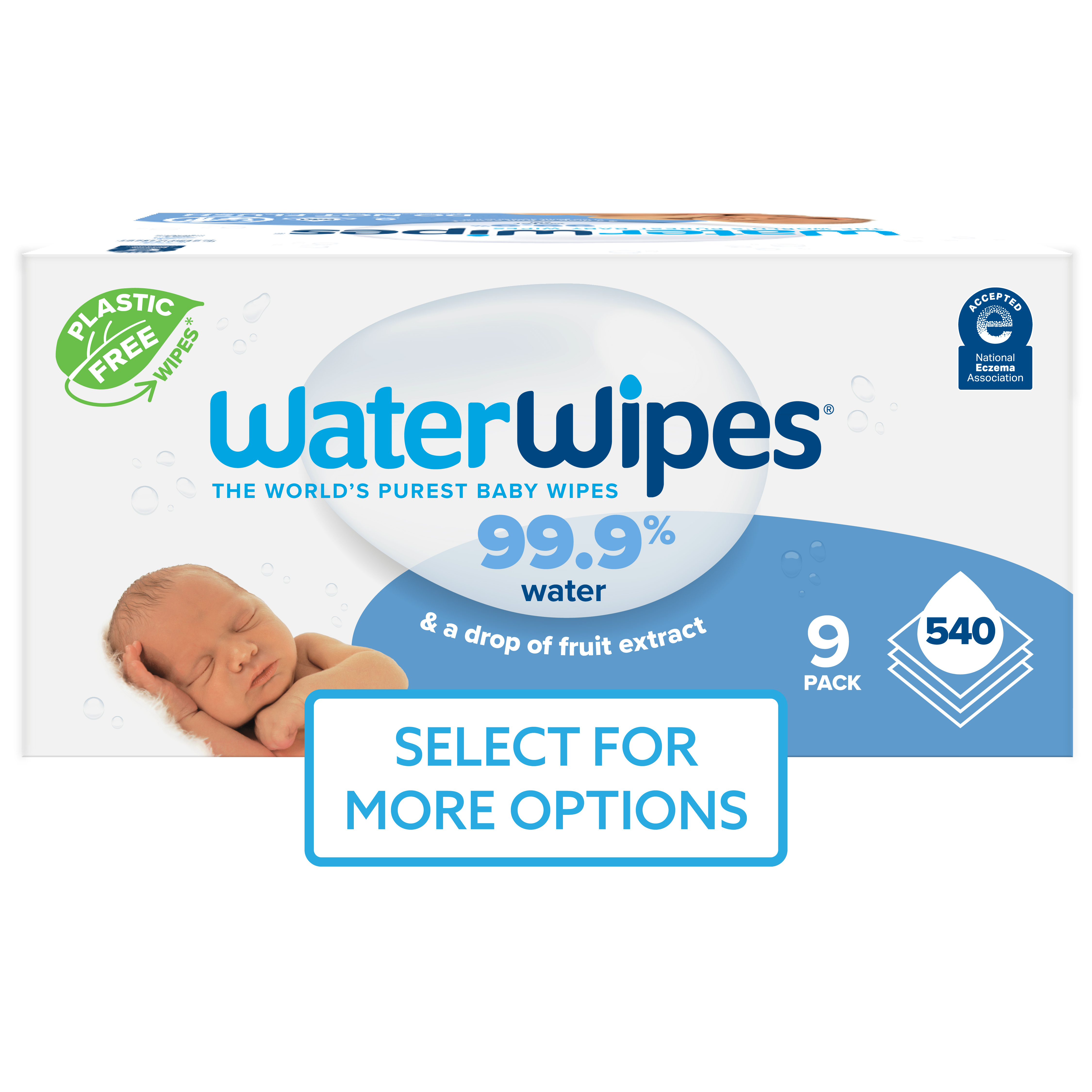 WaterWipes Plastic-Free Original 99.9% Water Based Baby Wipes, Fragrance-Free for Sensitive Skin, 540 Count (9 Packs) - image 1 of 10