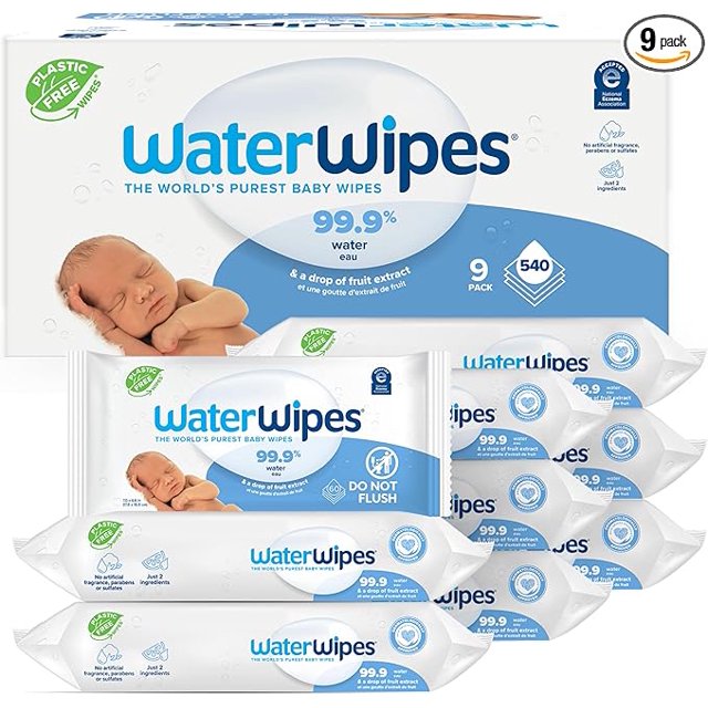 WaterWipes Plastic-Free Original-baby Wipes 99.9 Water Based Wipes Unscented and Hypoallergenic for Sensitive Skin 60 Count Pack of 9 Total 540 wipes Packaging May Vary