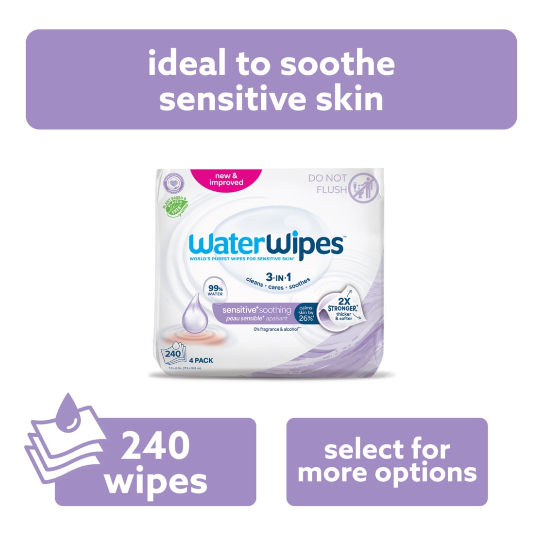 WaterWipes Sensitive+ Soothing Wipes, 3-In-1 Cleans, Cares