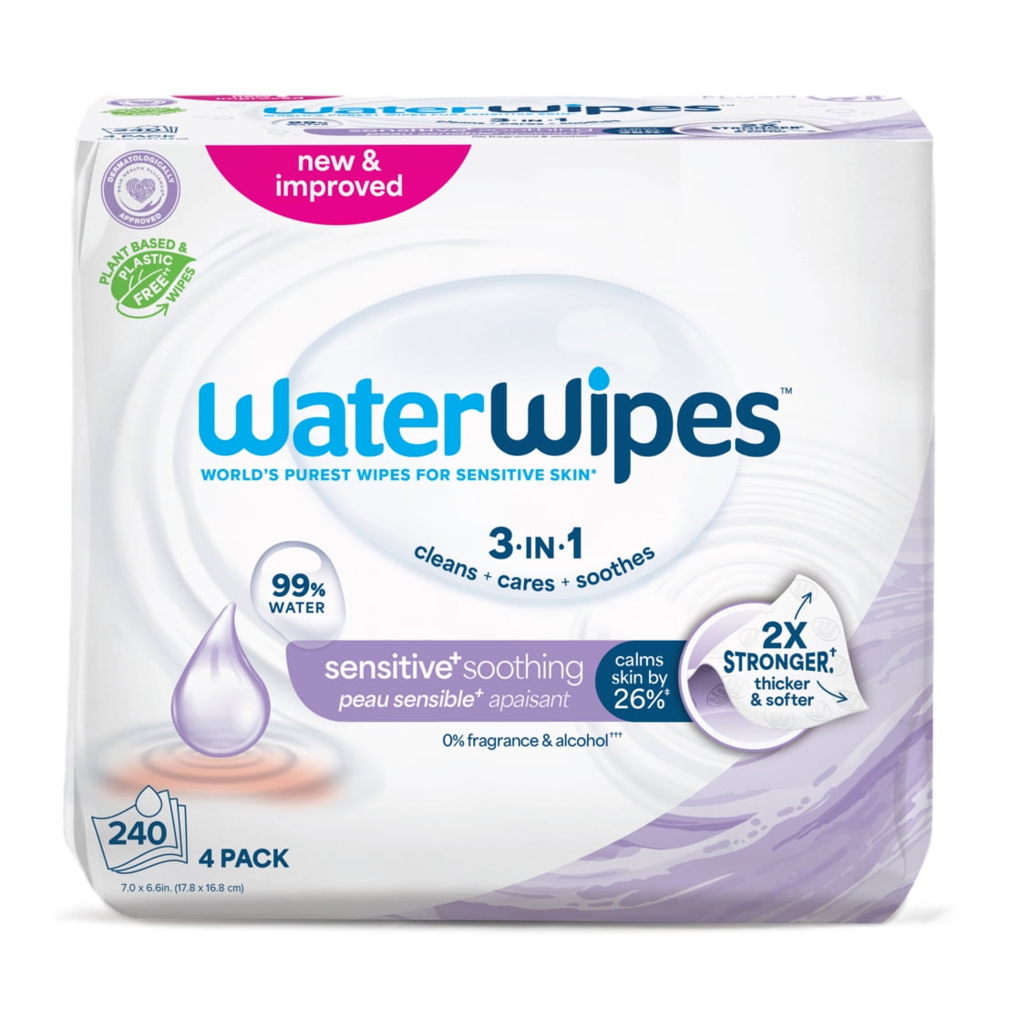 WaterWipes Sensitive Soothing Wipes, 3-In-1 Cleans, Cares, Soothes, 99% Water with Botanical Extract, Unscented & Hypoallergenic Baby Wipes, 4 Packs (240 Wipes)