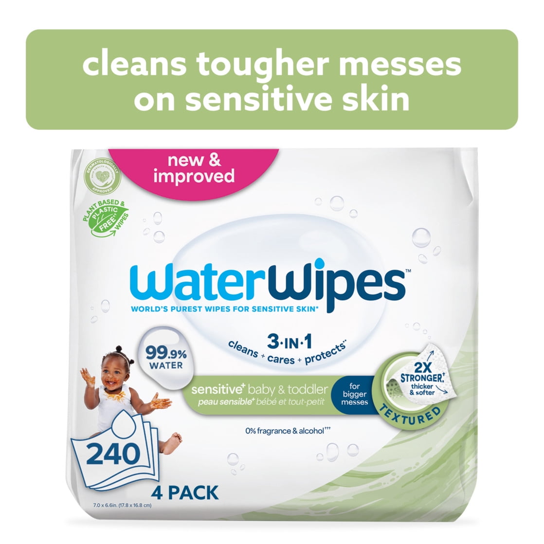 WaterWipes Sensitive Baby & Toddler Wipes, 3-In-1 Cleans, Cares, Protects, 99.9% Water, Textured Clean, Unscented & Hypoallergenic, 4 Packs (240 Wipes)