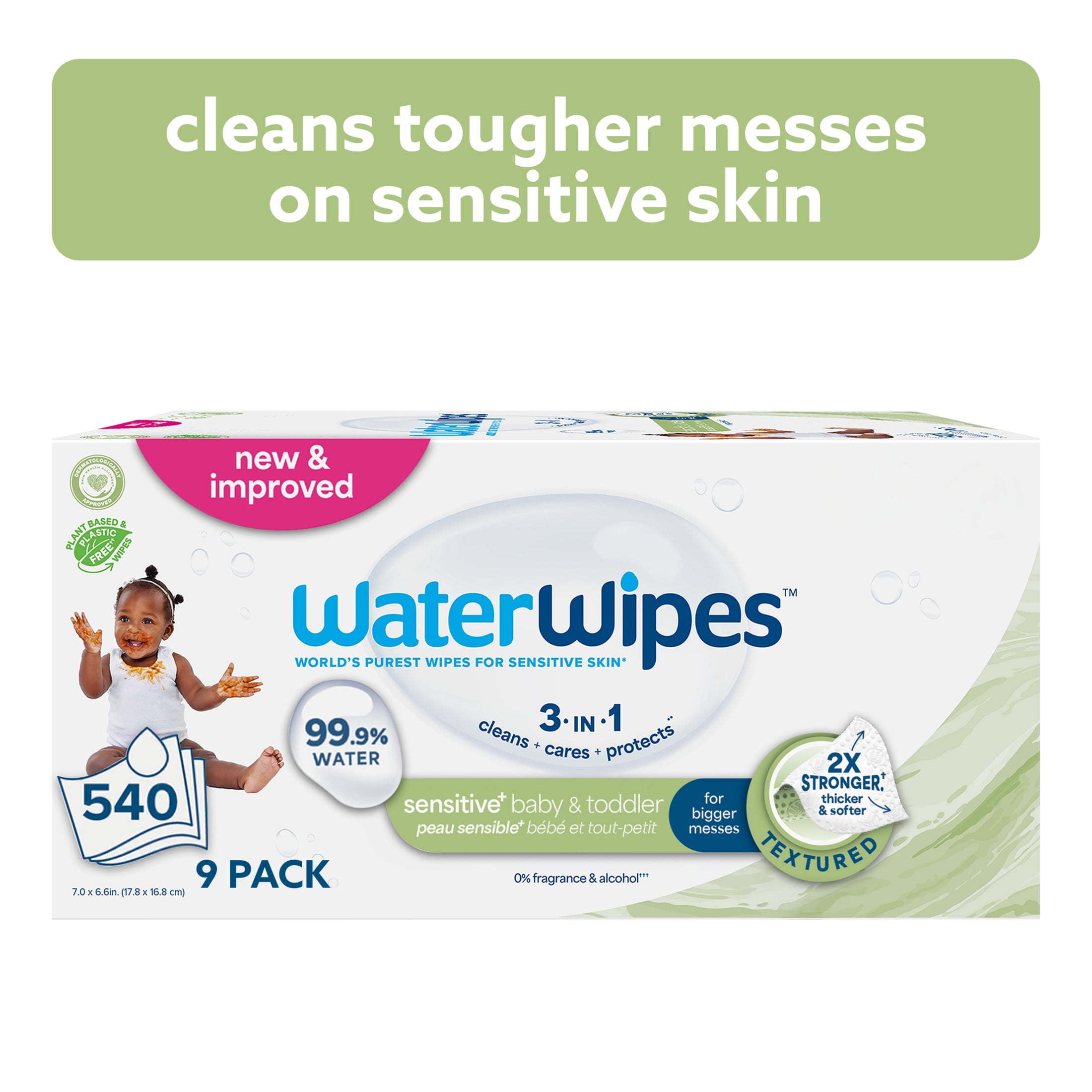 WaterWipes Sensitive Baby & Toddler Wipes, 99.9% Water, Textured Clean, Unscented & Hypoallergenic, 9 Packs (540 Wipes)
