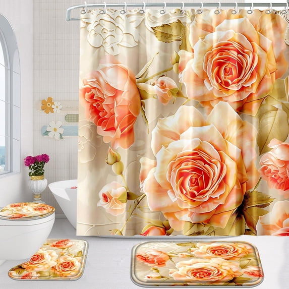 Waterbb 4 Pcs Bathroom Shower Curtain Set,Rose Bathroom Set, Space Shower Curtain Sets with Rugs(Bath Mat,U Shape and Toilet Lid Cover Mat) and 12 Hooks