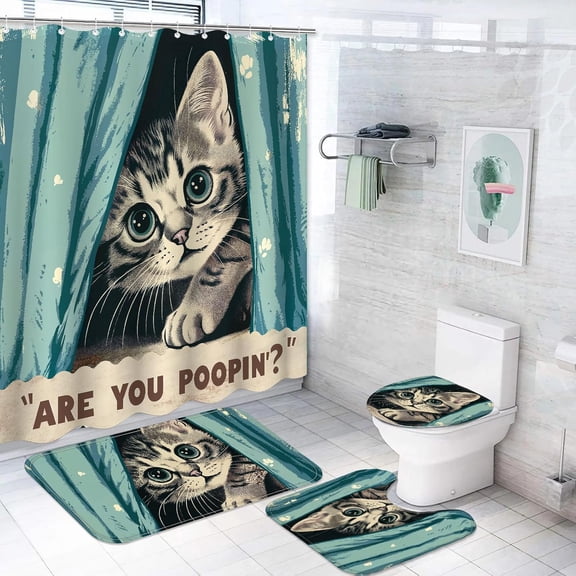 Waterbb 4 Pcs Cat Shower Curtain Sets Funny Shower Curtain Set are You Pooping Shower Curtain Sets Bathroom Decor with 12 Hooks Cat-B 72"x72"