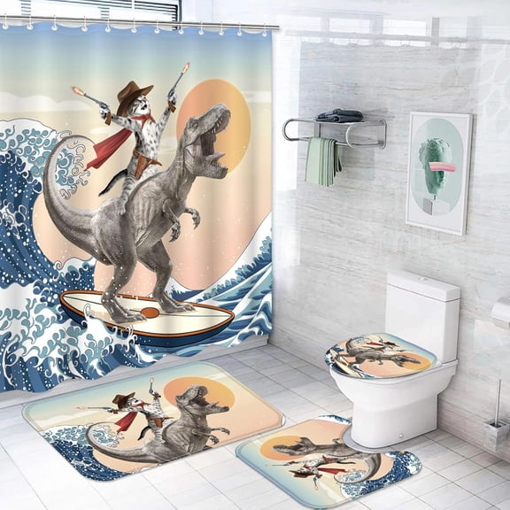 Waterbb 4 Pcs Dinosaur Cat Shower Curtain Sets Funny Shower Curtain Set are You Pooping Shower Curtain Sets Bathroom Decor with 12 Hooks Cat-C 72"x72"