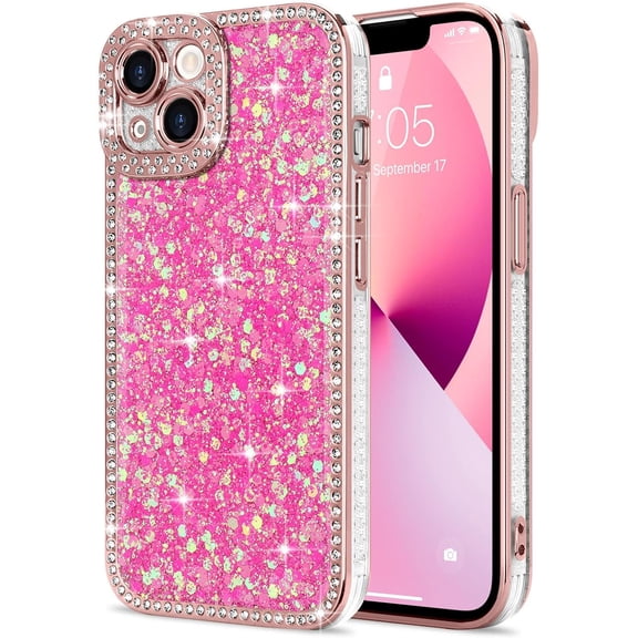 Waterbb for iPhone 13 Case Glitter, Luxury Shiny Bling Sparkly Phone Cover with Crystal Diamonds Rhinestone for Women Girls Soft TPU Slim Shockproof Protective Phone Case for iPhone 13 6.1", Hot Pink