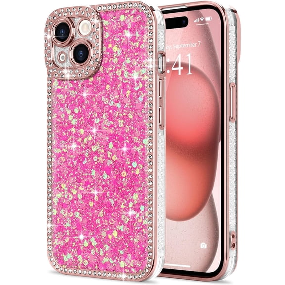 Waterbb for iPhone 15 Case Glitter, Luxury Shiny Bling Sparkly Phone Cover with Crystal Diamonds Rhinestone for Women Girls Soft TPU Slim Shockproof Protective Phone Case for iPhone 15 6.1", Hot Pink