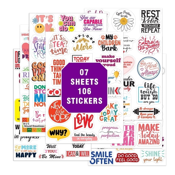 Waterbottle sticker Inspirational Quotes, Motivational Laptop decals Waterproof Vinyl Stickers for Travellers bags, scrapbook stickers (106 pcs 7 sheets)
