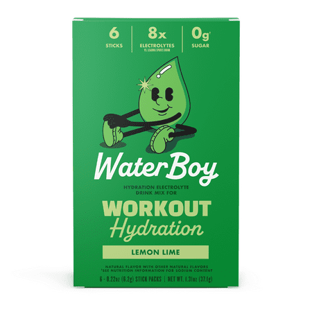 Waterboy Workout Hydration Sugar-Free Electrolyte Powder Packets, Lemon Lime, 6 Count