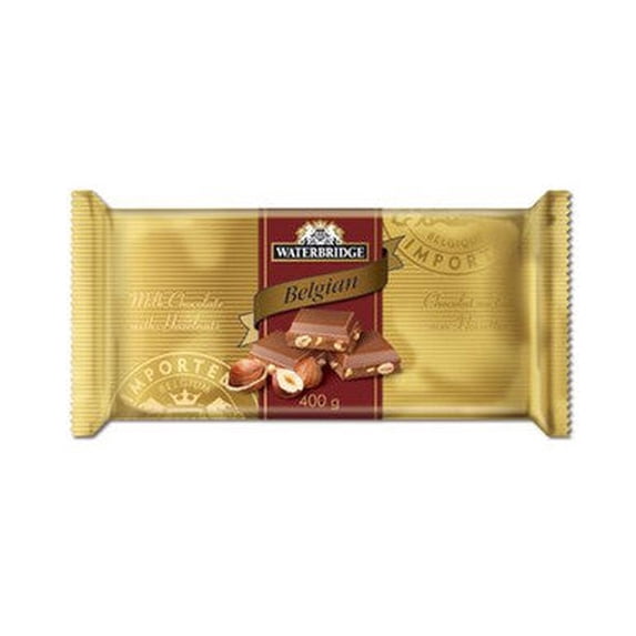 Waterbridge, Belgium, MILK CHOCOLATE WITH HAZELNUTS, 400 g/14.1 oz Bar, {Imported from Canada}