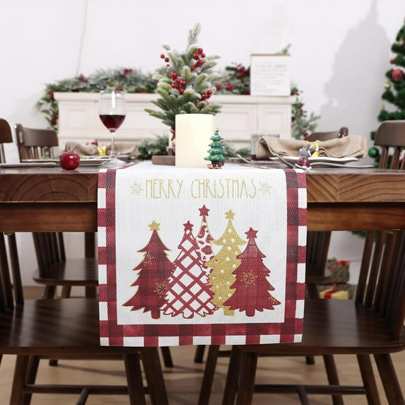 Waterclor Buffalo Plaid Christmas Trees Table Runner, Vinyl Non-Slip Winter Kitchen Dining Table Decoration for Indoor Outdoor Holiday Home Party Decor 12"x70" Red and White