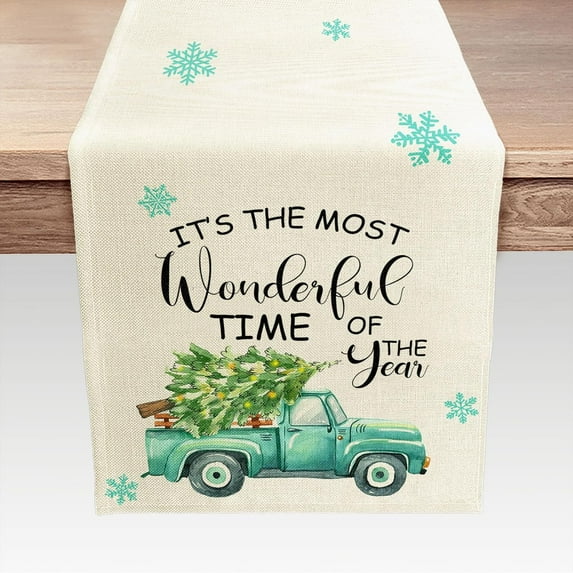 Waterclor Xmas Tree Teal Truck Christmas Table Runner, Seasonal Snowflakes Winter Holiday Kitchen Dining Table Decoration for Indoor Outdoor Home Party Decor 13 x 48 Inches