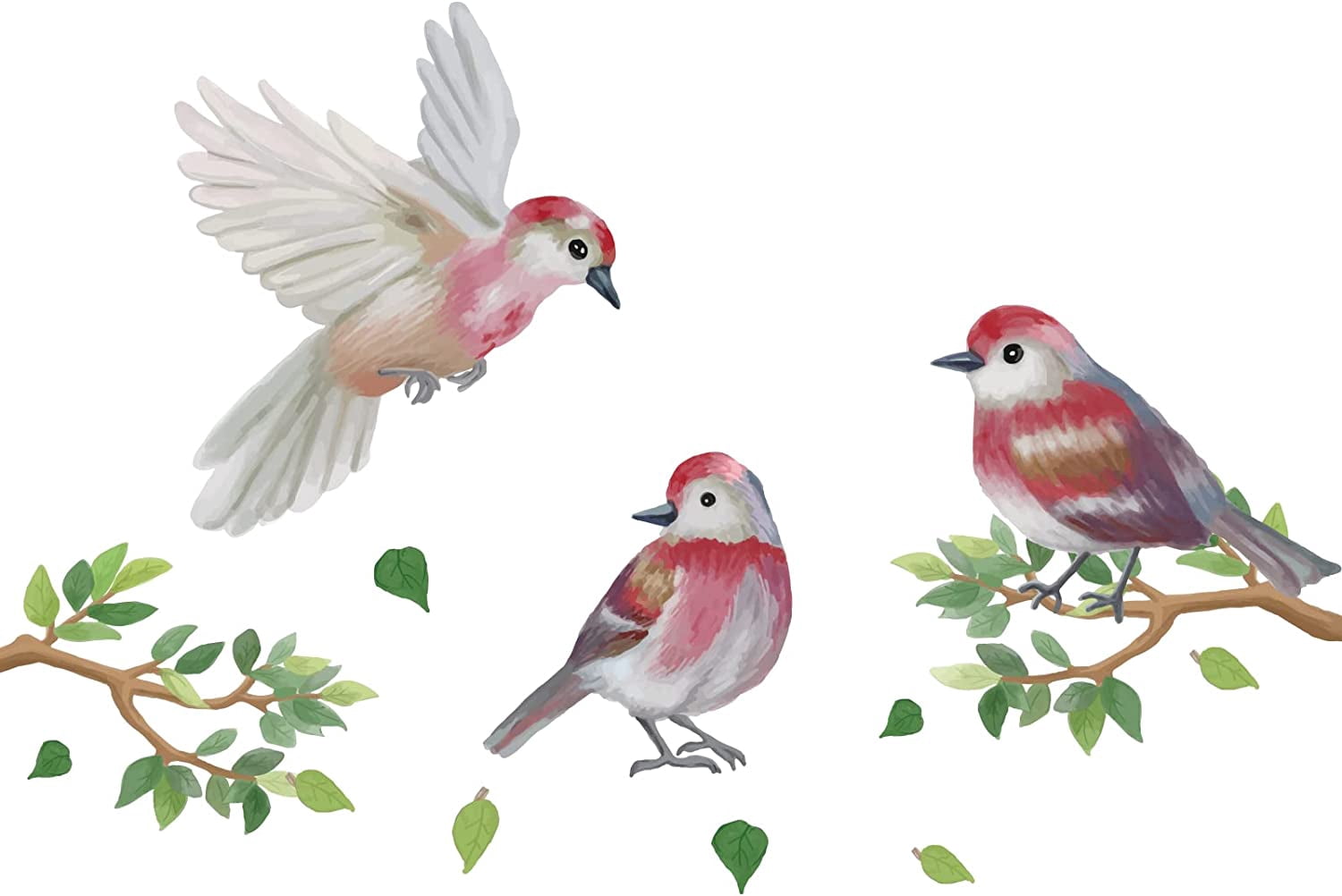 Watercolor 3 Birds Wall Decals Creative Birds on Tree Branch Wall ...