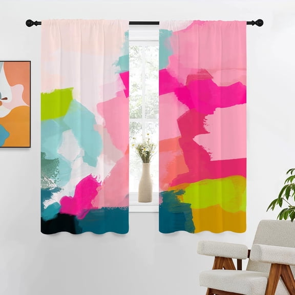 Watercolor Abstract Curtain Hot Pink Teal Ombre Modern Bright Aesthetic Minimalist Oil Painting Grunge Style Print Curtains Living Room Bedroom Window Drapes 53"W x 96"L (Pack of 2)