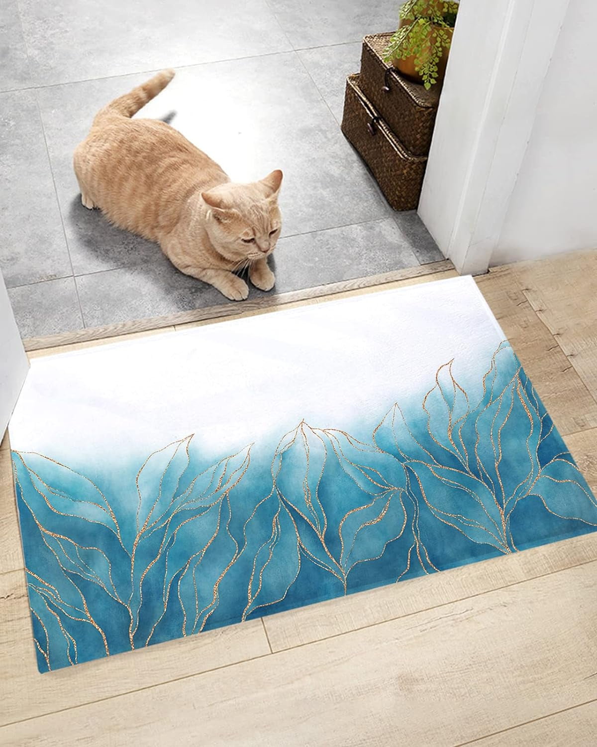 Watercolor Abstract Gold Line Boho Leaves Ultra Soft Bathroom Rug, Shag