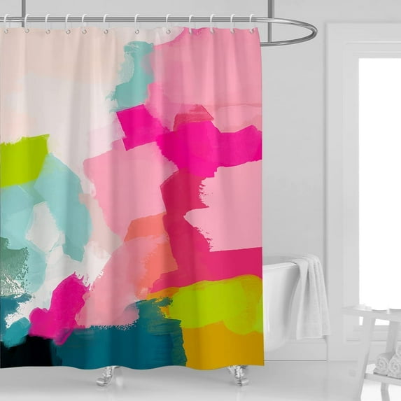 Watercolor Abstract Shower Curtain 72''''W x 72''''L Colorful Ombre Hot Pink Teal Blue Modern Aesthetic Minimalist Contemporary Oil Painting Grunge Style Polyester Fabric 12 Pack Plastic Hooks