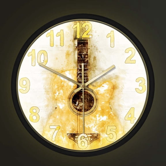 Watercolor Acoustic Guitar Wall Clock with Sound Control LED Night Light Musical Guitar Music Room Decor Guitarist Gift